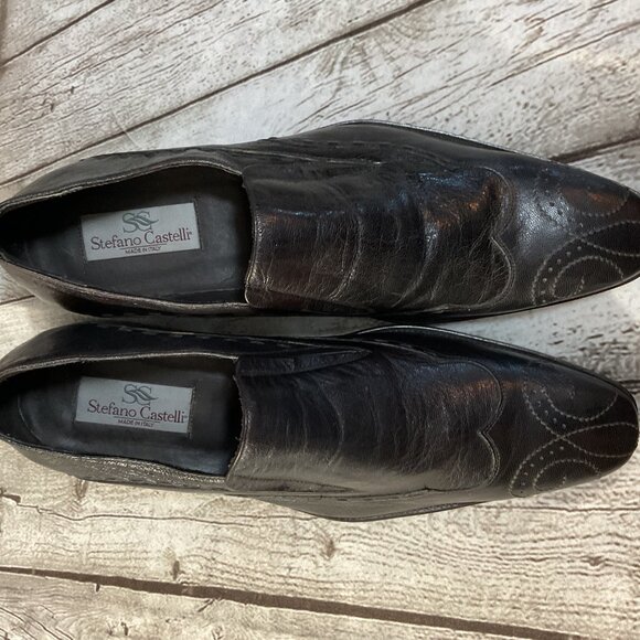 Stefano Castelli Mens Sz EU 46 US 13 Black Leather Wing Tip Slip-On Dress Shoes - Picture 2 of 8